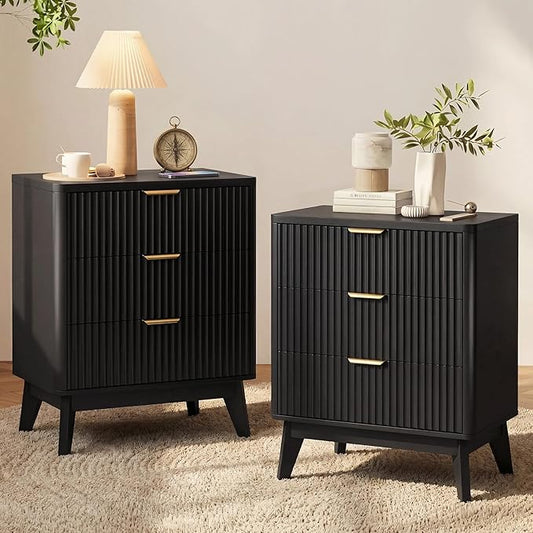LYNCOHOME Fluted Nightstand Set of 2, Wood Bedside Table with 3 Drawers, Modern Farmhouse Storage End Table for Bedroom, Black