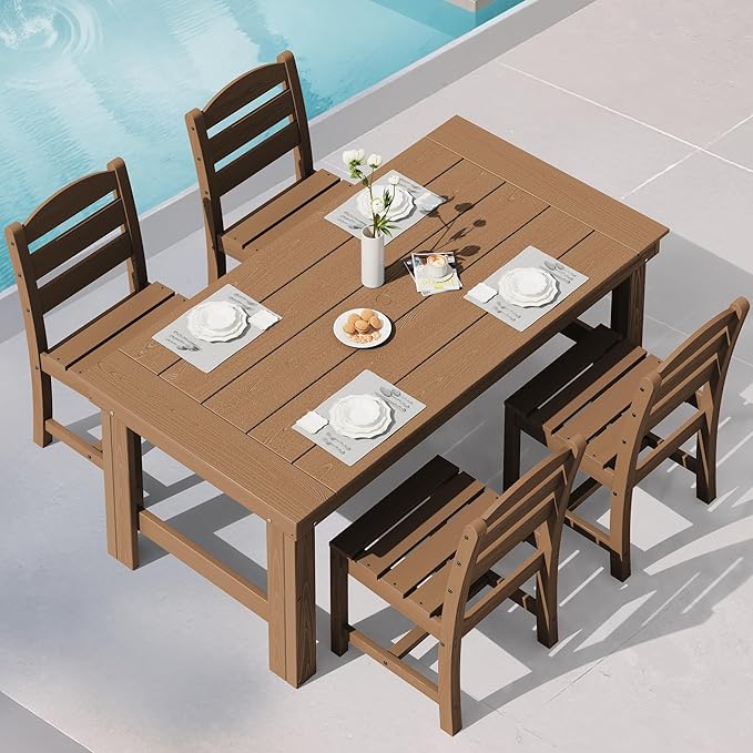SERWALL Outdoor Dining Table Set, 67‘’ HDPE Patio Dining Set for 4, All-Weather Outdoor Table and Armless Chairs Set for Deck, Brown