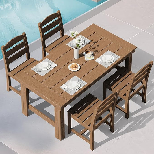 SERWALL Outdoor Dining Table Set, 67‘’ HDPE Patio Dining Set for 4, All-Weather Outdoor Table and Armless Chairs Set for Deck, Brown