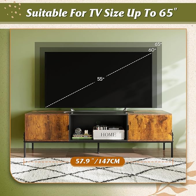 WLIVE 58" TV Stand for 65 Inch TVs, Mid Century Modern Entertainment Center with 2 Storage Cabinets & Open Shelf, Media Console Table with Metal Legs for Living Room, Bedroom, Rustic Brown