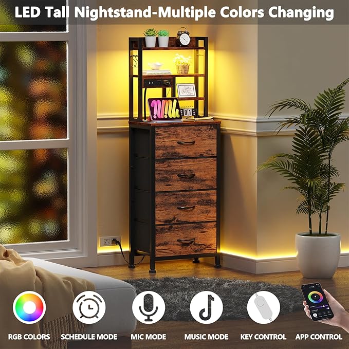 Furnulem Tall Night Stand, LED Nightstand with Charging Station and USB Ports, 4 Fabric Drawers and 4 Tier Storage Shelf, Bedside Table for Bedroom, Home, Dorm, Office (Rustic Brown)