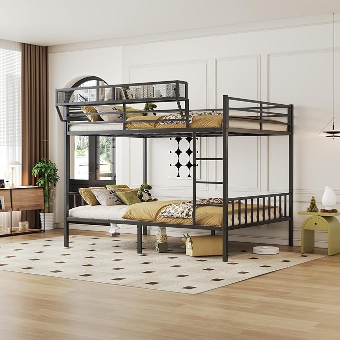 Queen Over Queen Metal Bunk Bed with Storage Shelf Built-in USB Port, Heavy Duty Queen Size Bed Frame w/Full-Length Guardrail & Ladder, Noise-Free & Stable,No Box Spring Needed