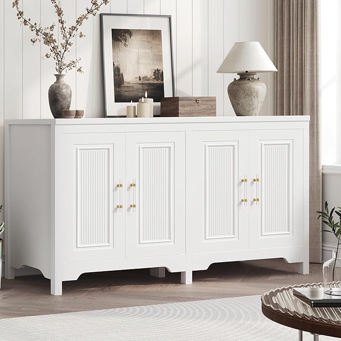 Jocoevol Buffet Cabinet with Storage, 55" Modern Farmhouse Sideboard Cabinet with Doors & Shelves, Kitchen Storage Cabinet for Kitchen Living Room,White