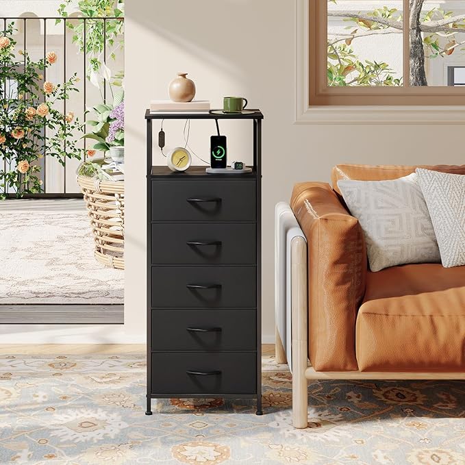 Somdot Black Nightstand with Charging Station and LED Light for Bedroom, Tall 5 Drawers Dresser with Fabric Bins for Bedside Kids Dorm Room Closet Laundry Entryway, Black