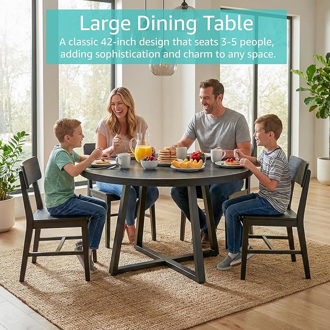 NUTIKAS 42 Inch Round Dining Table for 4, Modern Black Wood Grain Kitchen Table with Cross Metal Legs, Circular Industrial Dinner Table for Small Spaces, Breakfast Nook, Apartment, Office