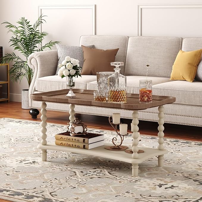Function Home Farmhouse Coffee Table, 2-Tier Center Table with Storage Shelf, 39.8" French Country Rectangle Accent Table with Natural Tray Top and Spindle Legs for Living Room Balcony, Antique White