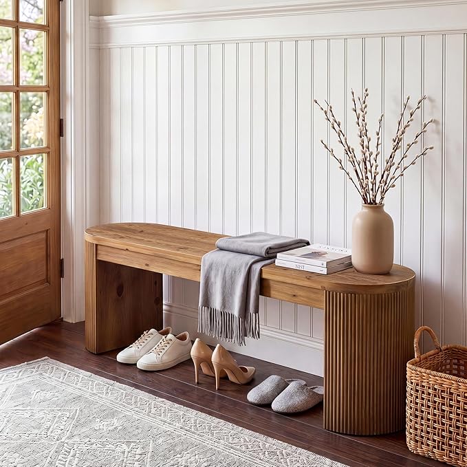 LITTLE TREE 55” Solid Wood Entryway Bench, Farmhouse Dining Bench with Fluted Legs & Half Round Curved Sides, Long Shoe Bench with Storage, Wooden End of Bed Bench for Bedroom, Dining Room