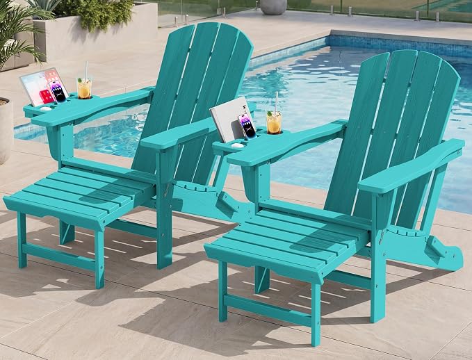 KINGYES Adjustable Folding Adirondack Chair with Footrest & 4-in-1 Multi-Functional Armrest Organizer Set of 4, HDPE Foldable Recliner Adirondack Chair with Pull-Out Ottoman, Aruba