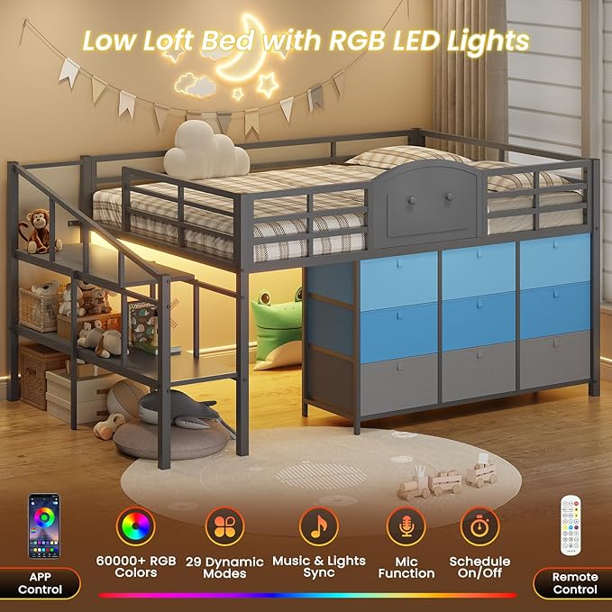 VIAGDO Low Loft Bed Full Size with 9 Storage Drawers and LED Lights, Metal Full Size Loft Bed with Stairway Shelf Storage, Low Loft Bed with Safety Guardrail and Under-Bed Hideaway for Kids, Grey
