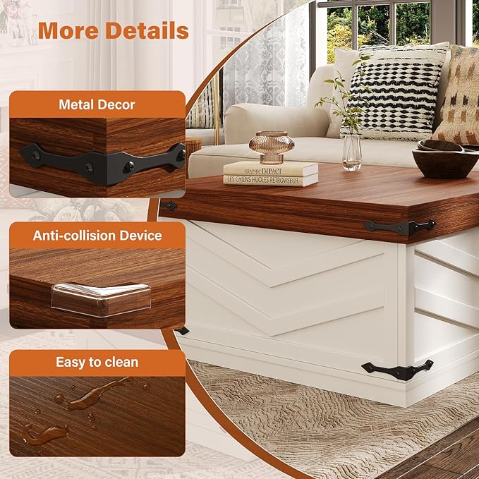 UNIQUITE 31.5'' Lift Top Coffee Table, Sliding Top Square Center Table with Large Hidden Storage Organizer, Multi-Functional Farmhouse Coffee Tables for Living Room, Bedroom, Home Office, White