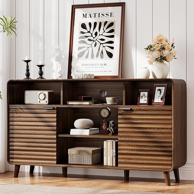 58 Inch Curved Sideboard Buffet Cabinet w/2 Wave Doors and Open Storage Spaces, Angled Side Frame, Sideboard Storage with Adjustable Shelves, Coffee Bar Cabinet for Kitchen, Living Room, Walnut