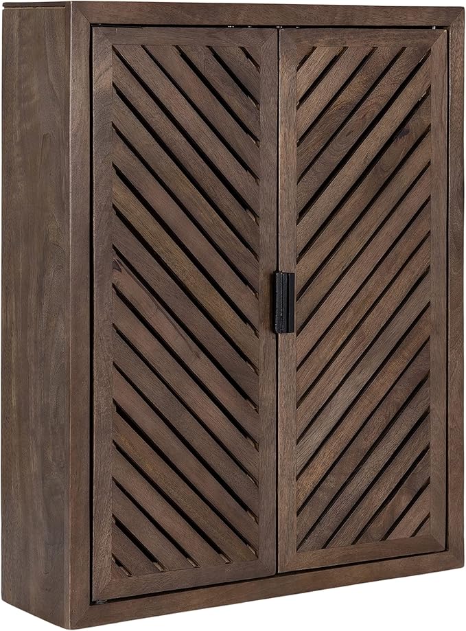 Kate and Laurel Mezzeta Decorative Modern Two-Door Floating Bathroom Cabinet; 28 x 22 x 7; Natural Wood; Decorative Over Toilet Storage Cabinet Made from Solid Mango Wood with Slatted Chevron Design