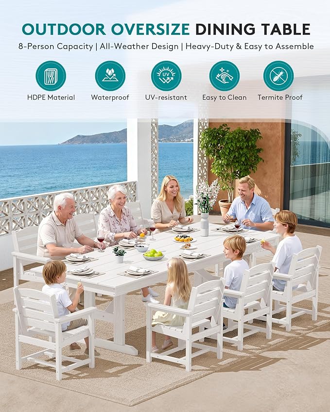 SERWALL 9 Piece Outdoor Dining Set, 84" HDPE Outdoor Table and Chairs for 8，All Weather Patio Furniture Set with Umbrella Hole for Backyard, Garden, White