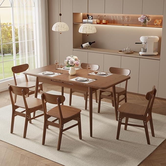 Muwuele Solid Wood Extendable Dining Table for 4-8 People with Seamless Extension from 47.2 to 63 Inches, Easy Assembly, Expandable Tables for Small Spaces, Dining Room, Kitchen, Living Room, Walnut
