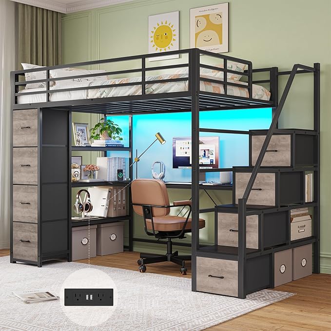 DICTAC Loft Bed Twin Size with Storage Stairs,Desk & Power Strips,Metal Twin Loft Bed with LED Lights,8 Storage Drawers & Open Shelves,Loft Beds for Kids,Teens,Adults with Safety Guardrail,Black+Grey