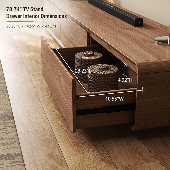 Wood Base TV Stand, Mid-Century Modern Media Console with 3 Storage Drawers, Fits 65–100 Inch TVs, Low Profile Entertainment Center for Living Room(Walnut, 78.74", Floor Standing (Wood Base))
