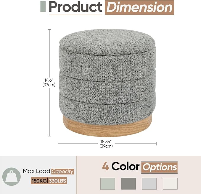 Round Storage Ottoman with Reversible Tray Lid, Folding Chenille Fabric Footrest with Hidden Storage, 15.4" Footstool for Small Spaces Living Room Bedroom, Wood Grain Base, Grey