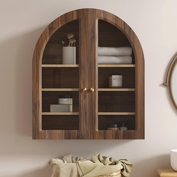 EYYTHUNG Fluted Arched Wall Cabinet, Large Wood Bathroom Medicine Cabinet Wall Mounted Cupboard, Modern Floating Storage Cabinet with Acrylic Door Adjustable Shelf, Organizer, Brown-Oak