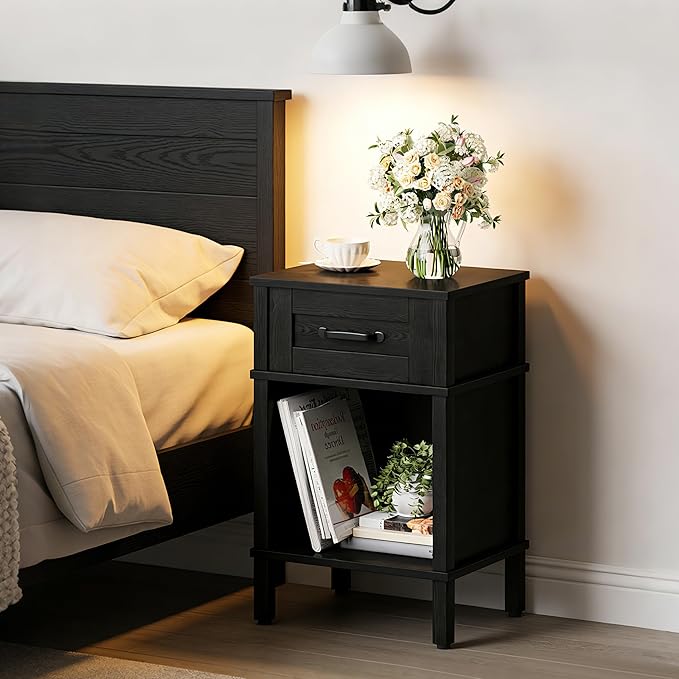 Farmhouse Nightstand with Drawer, Small Wood Side Table, Wooden Bedroom Nightstand, Wood Night Stand, Black Bedside Table with Storage, Black End Table for Living Room LET512B