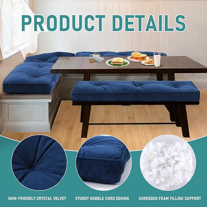BALAPET Breakfast Nook Cushions Set 4 Piece Cushion Pad Set for Kitchen Breakfast Dining Nook,Shredded Foam Support Fits in Sets with Corner Benches, Mid Century Modern Small Dining Table Sets(Blue)