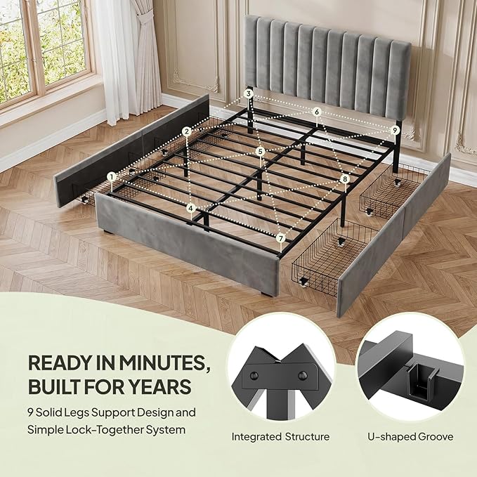 Welzona Upholstered Bed Frame Full Size with 4 Storage Drawers, Velvet Upholstered Metal Platform Bed with Vertical Tufted Headboard, 3-Level Height, Metal Slat Support, Noise-Free Easy Assembly, Grey