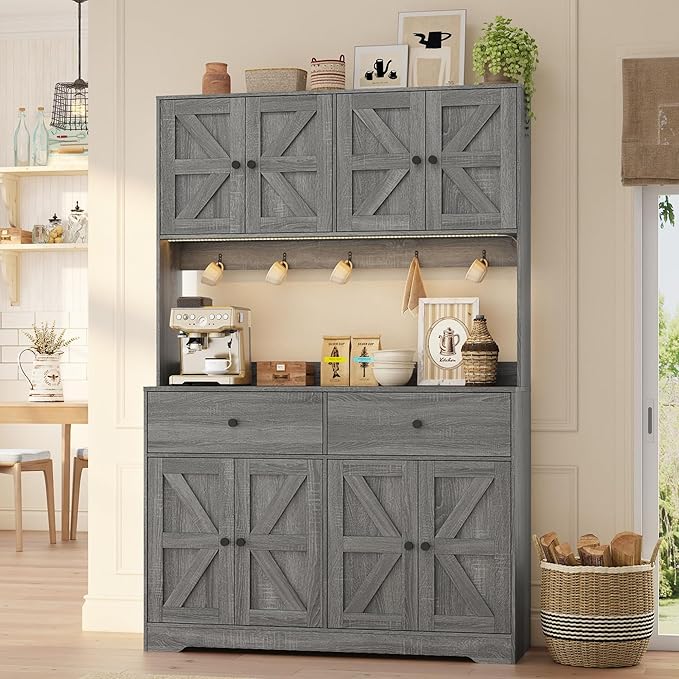 71" Kitchen Pantry Cabinet with Charging Station, Pantry Storage Cabinet Farmhouse Kitchen Hutch with Microwave Stand, Coffee Bar Station with Doors and Adjustable Shelves for Kitchen, Grey