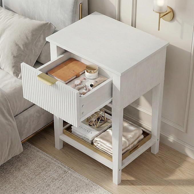 Modern Fluted Small Wood Nightstands Set of 2, 11.8" Deep x 15.4" Narrow Bedside Tables with Drawer & Open Shelf, Farmhouse Chic Side Tables for Bedroom - White
