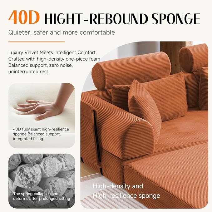 79" Convertible Boneless Couch for Small Spaces, 6-in-1 Corduroy Sofa Bed with High Backrest, Pillows, High-Density Foam Loveseat Sleeper Couch in a Box for Living Room, No Assembly, Orange