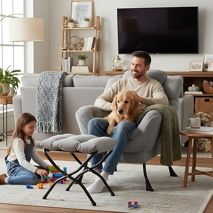 Welnow Lazy Chair with Ottoman, Modern Accent Chair with Armrests and a Side Pocket, Leisure Sofa Armchair Set, Reading Armchair with Footrest for Small Space, Light Grey