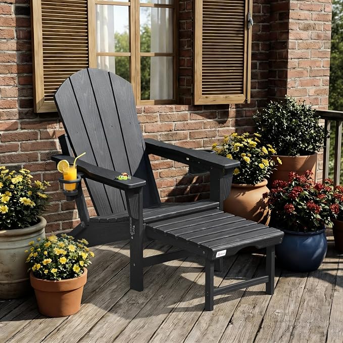 Mdeam 3-Level Adjustable Adirondack Chair with Retractable Ottoman, HDPE All-Weather Folding Fire Pit Chair with 2 Cup Holders, Outdoor Chair for Deck Patio Garden Backyard Lawn (Black)