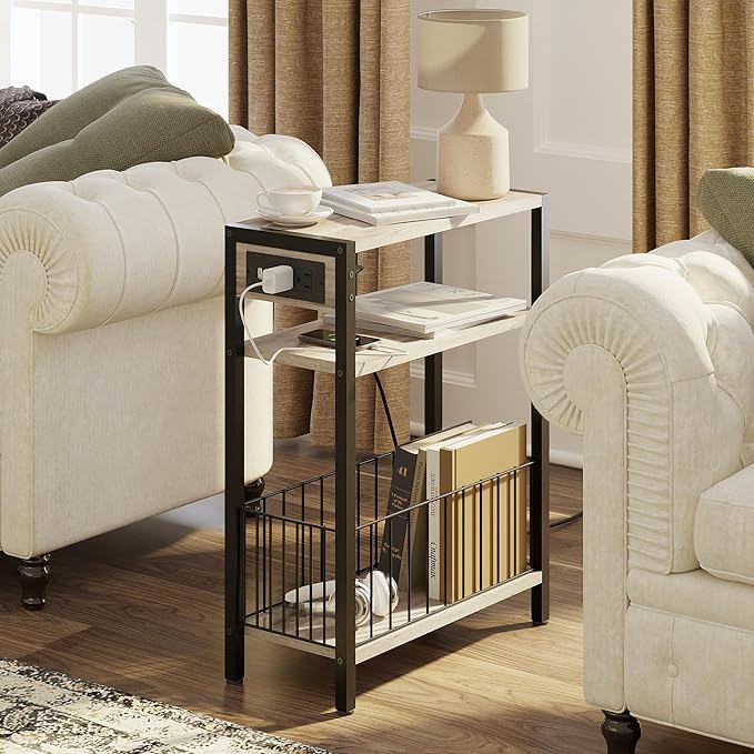TRIFEBLE Narrow Side Table with Charging Station, Small End Table for Small Spaces, Slim Nightstand with Storage Basket, 3 Tier Skinny Bedside Table for Living Room, Bedroom, Greige
