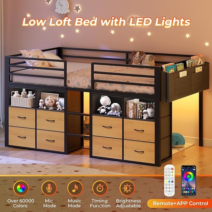 ADORNEVE Low Loft Bed Twin Size with 8 Storage Drawers, Twin Loft Bed with Bookcase and LED Lights, Metal Kids Loft Bed with 14" H Safety Guardrail, Under-Bed Play Space, No Box Spring Needed, Natural