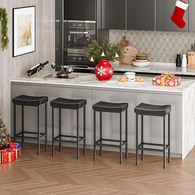 HOOBRO Bar Stools,Set of 4 Bar Chairs, Counter Height Stools, Saddle Barstools, Set of 4 Kitchen Stools, 24.8 Inches Barstools, 2.4" Thick Upholstery, for Kitchen, Dining Room, Black BB10BYP401