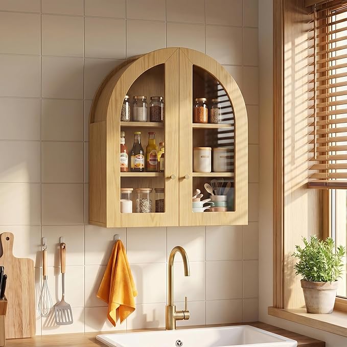 Arched Wall Cabinet, Bathroom Cabinet Wall Mount with Glass Doors & Adjustable Shelf, Floating Medicine Cabinet for Bathroom, Kitchen, Living Room Storage, Oak