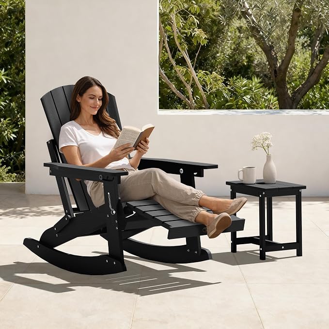 Adjustable Adirondack Rocking Chair Set of 2 with Retractable Ottoman Footrest, 4-in-1 Foldable HDPE Outdoor Rocker, Weather Resistant Adirondack Chair for Porch, Garden & Poolside, Black