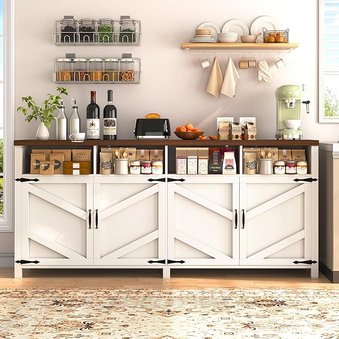 knoworld 63'' Buffet Sideboard with Storage Farmhouse with 4 Doors, Large Kitchen Storage Cabinet Wood Coffee Bar Cabinet Buffet Table with Shelves for Kitchen, Dining Room, Entryway