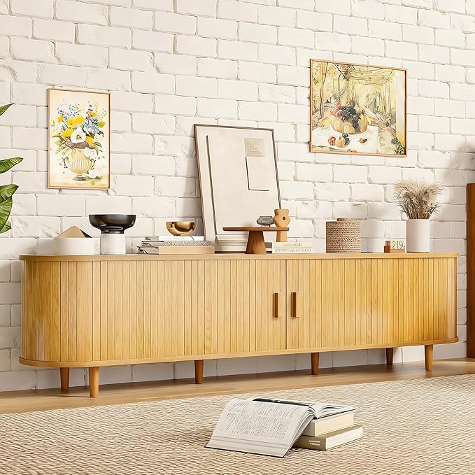 70" Mid Century Modern TV Stand, Wood TV Consoles with Sliding Doors and Power Outlet, Entertainment Center with Adjustable Shelves, Fluted TV Stands for Living Room, Oak