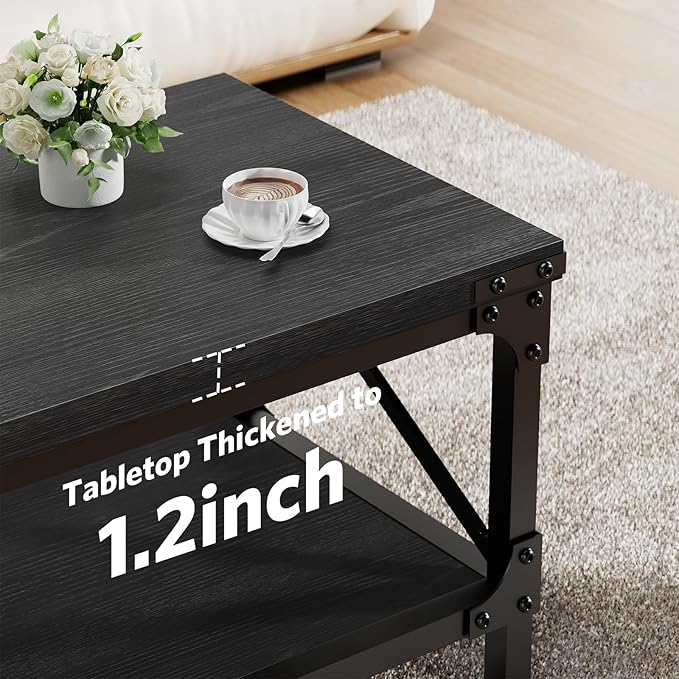 Rectangle Coffee Tables for Living Room, Wood Rectangular Coffee Table, 2 Tier Industrial Modern Center Table with Thickened Tabletop and Metal Frame, 47 inch Long (Black)