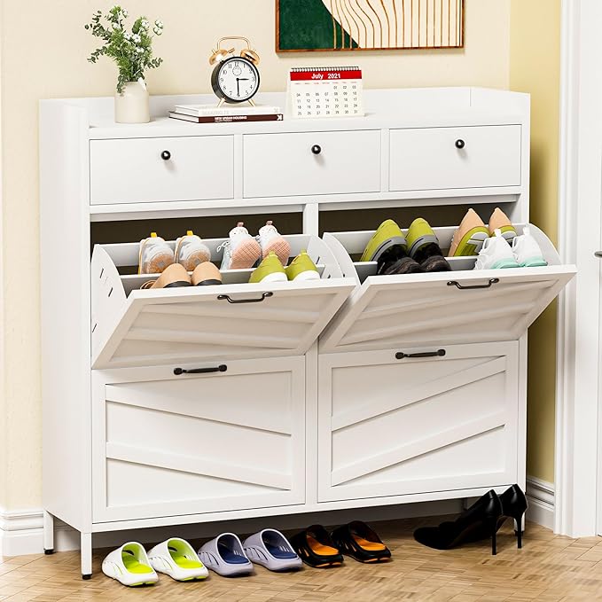 Metal Shoe Storage Cabinet for Entryway,White Shoe Cabinet with 4 Flip Drawers & 3 Top Drawers Hidden Slim Shoe Organizer Rack Freestanding Steel Entrance Shoe Cabinet with Legs for Hallway Front Door