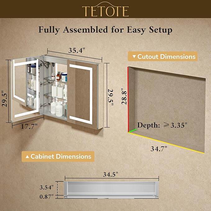 TETOTE LED Lighted Bathroom Medicine Cabinet Mirror with Lights 36 x 30 Recessed or Wall Mounted Cabinet with 2 Door, Tempered Glass, Outlets & USB, 3-Color Stepless Dimming, Defog, Adjustable Shelf