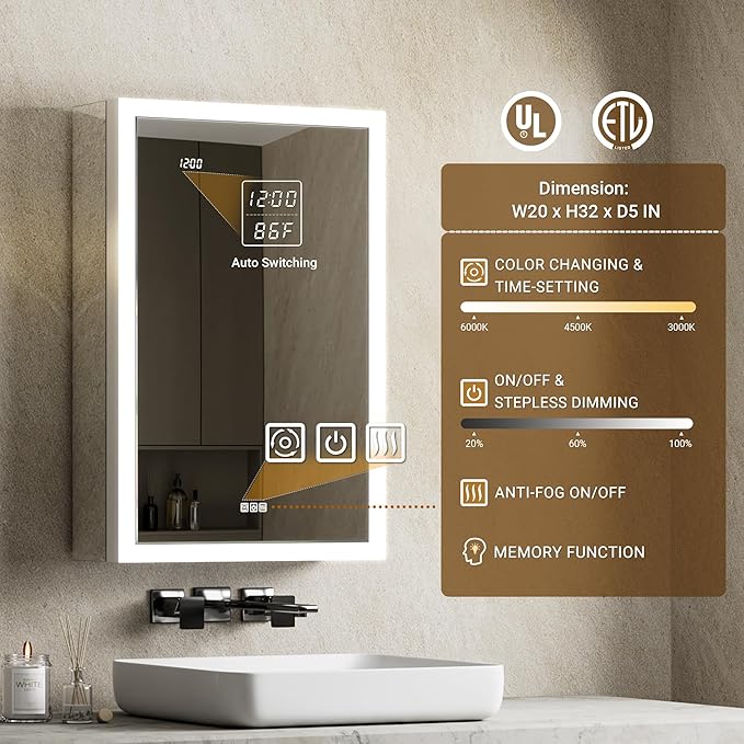 Lighted Medicine Cabinet with Mirror & Clock -20x32 Surface or Recessed Aluminum Medicine Cabinet with Dimmable Light & Outlet, Anti-Fog, Built-in Sensing Light, Assembly-Free