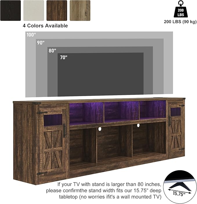 chartustriable Farmhouse TV Stand for 100 Inch TV,95" Entertainment Center w/LED Light,Large Media Console Cabinet w/Rustic Barn Doors,Power Outlets,Adjustable Shelves for Living Room,Brown