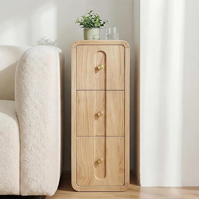 Narrow Nightstand Set of 2, Small Bedside Table with 3 Drawers, Mid Century Modern Skinny Night Stand with Storage, Wood Slim Side Table for Bedroom, Living Room (Natural-2pcs)