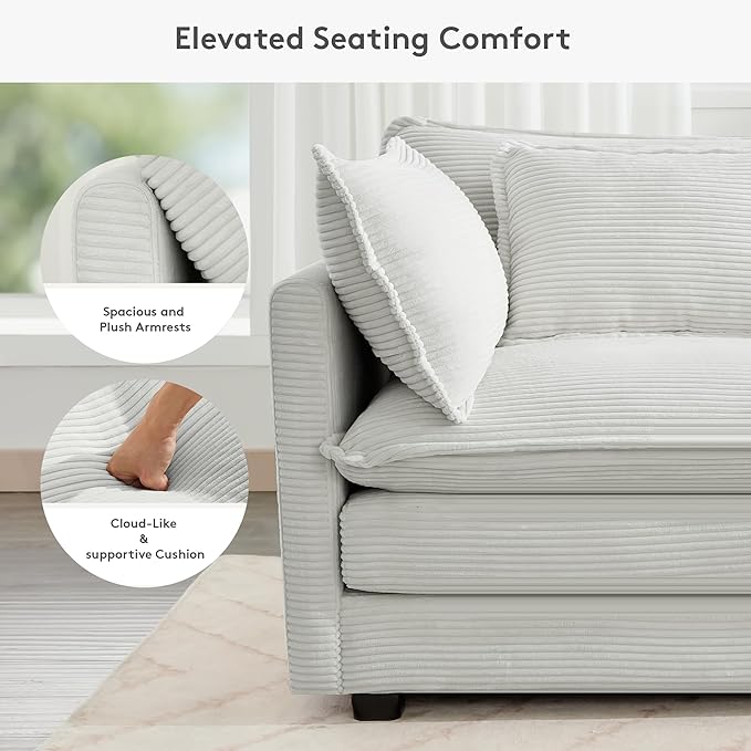 ROWHY 113'' Sectional Cloud Couch, 5 Seater Modular Corner L Shape Sofa Big Comfy Corduroy Oversized Couch with 2 Pillows Movable Ottoman, Deep Seat Sectional Couches for Living Room Office Light Grey | Pet-Friendly Fabric
