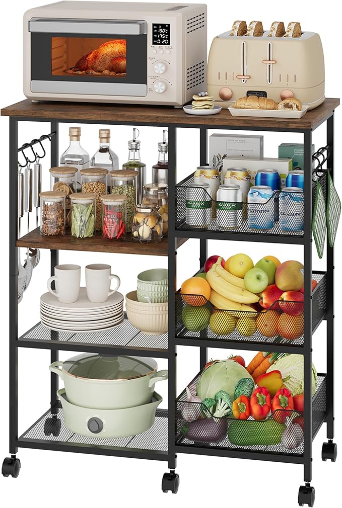 HapiRm Rolling Kitchen Carts with Storage - Microwave Table Stand with 6 Hooks & 3 Baskets, kitchen Island Cart on Lockable Wheels, 28.3" L × 14.6" W Bakers Rack Cart for Dining Room Coffee Bar Office