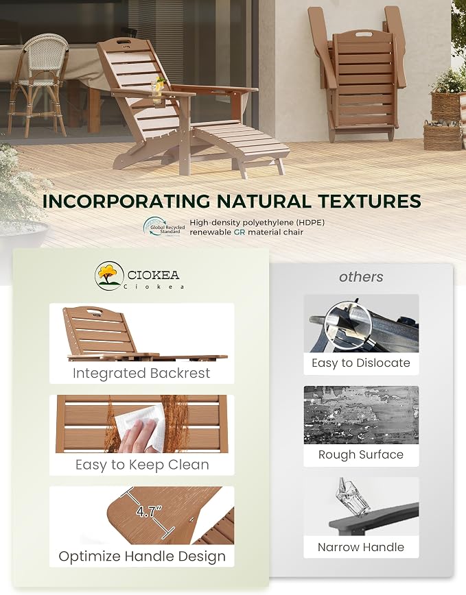 Ciokea Folding Adirondack Chair with Retractable Ottoman Fire Pit Patio Chair with Pull Out Foot Rest Weather Resistant Lawn Outdoor Lounge Chair with 2 Cup Holder (Teak)