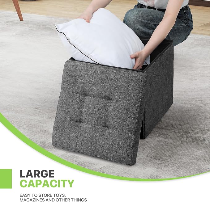 Magshion Folding Storage Ottoman Cube, 15 Inches Small Foot Rest Stool, Square Ottoman with Storage for Bedroom, Living Room, Dorm, Dark Gray