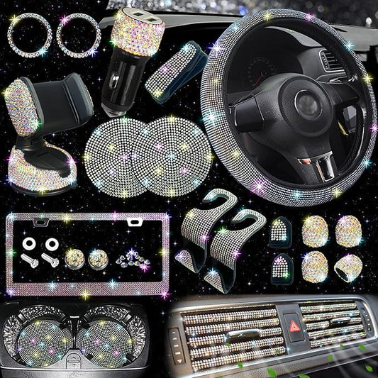 NBTEPEM 27 PCs Multicolor Bling Car Accessories Set for Women, Steering Wheel Covers Universal Fit 15 Inch, Bling License Plate Frame, Bling Phone Holder, Bling Car Coasters