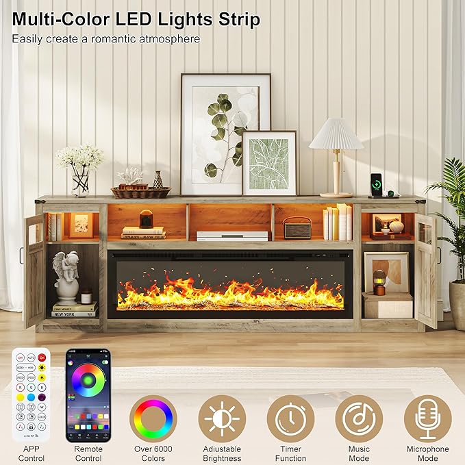 Fireplace TV Stand for 100 Inch TV, 95" Farmhouse Entertainment Center with 60" Electric Fireplace & LED Lights, Large Media Console for Living Room, Rustic Barn Doors, Power Outlets,Grey