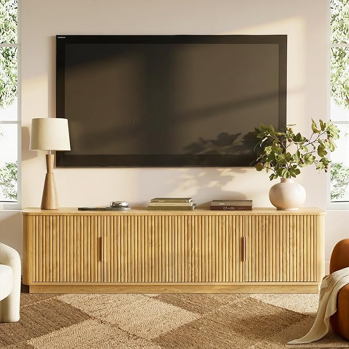 win2win 67" TV Stand for 80 Inch TV, Modern Fluted Entertainment Center with Faux Marble Top, Curved Corners, Boho Minimalist Media Console with Storage for Living Room Bedroom, Oak